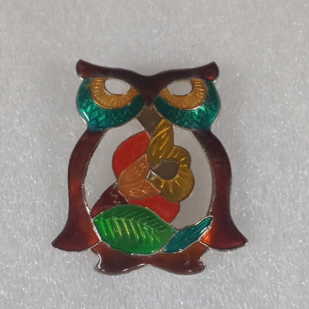 Enamel And Copper Owl Pendant #A211